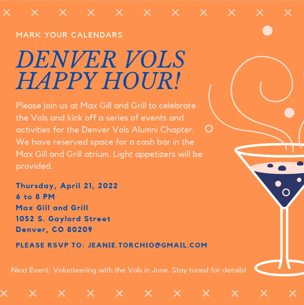 VolsDenver's tweet photo. Who's excited about next week's Denver Vols Happy Hour?!? We can't wait to see you all there! 🍊🍻 https://t.co/RMbERnG2GY
