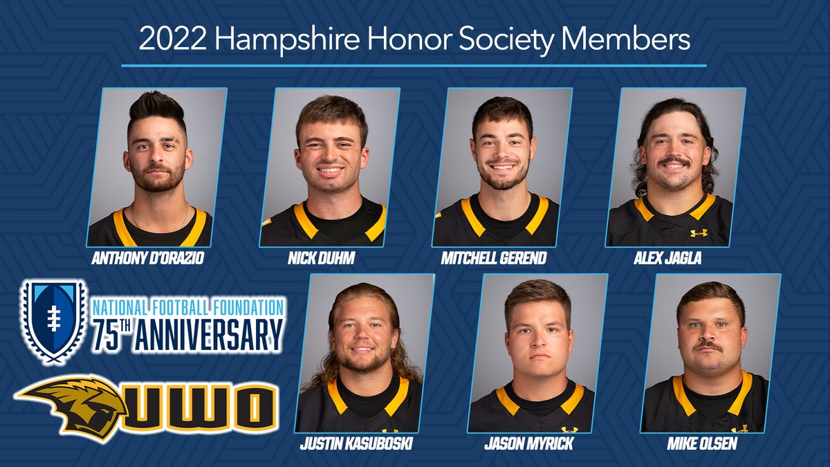 Seven members of <a href="/UWOFootball/">UW-Oshkosh Football</a> were named to the 2022 National Football Foundation &amp; College Hall of Fame Hampshire Honor Society.

Titans honored were Anthony D'Orazio, Nick Duhm, Mitchell Gerend, Alex Jagla, Justin Kasuboski, Jason Myrick and Mike Olsen. bit.ly/36hh3dc