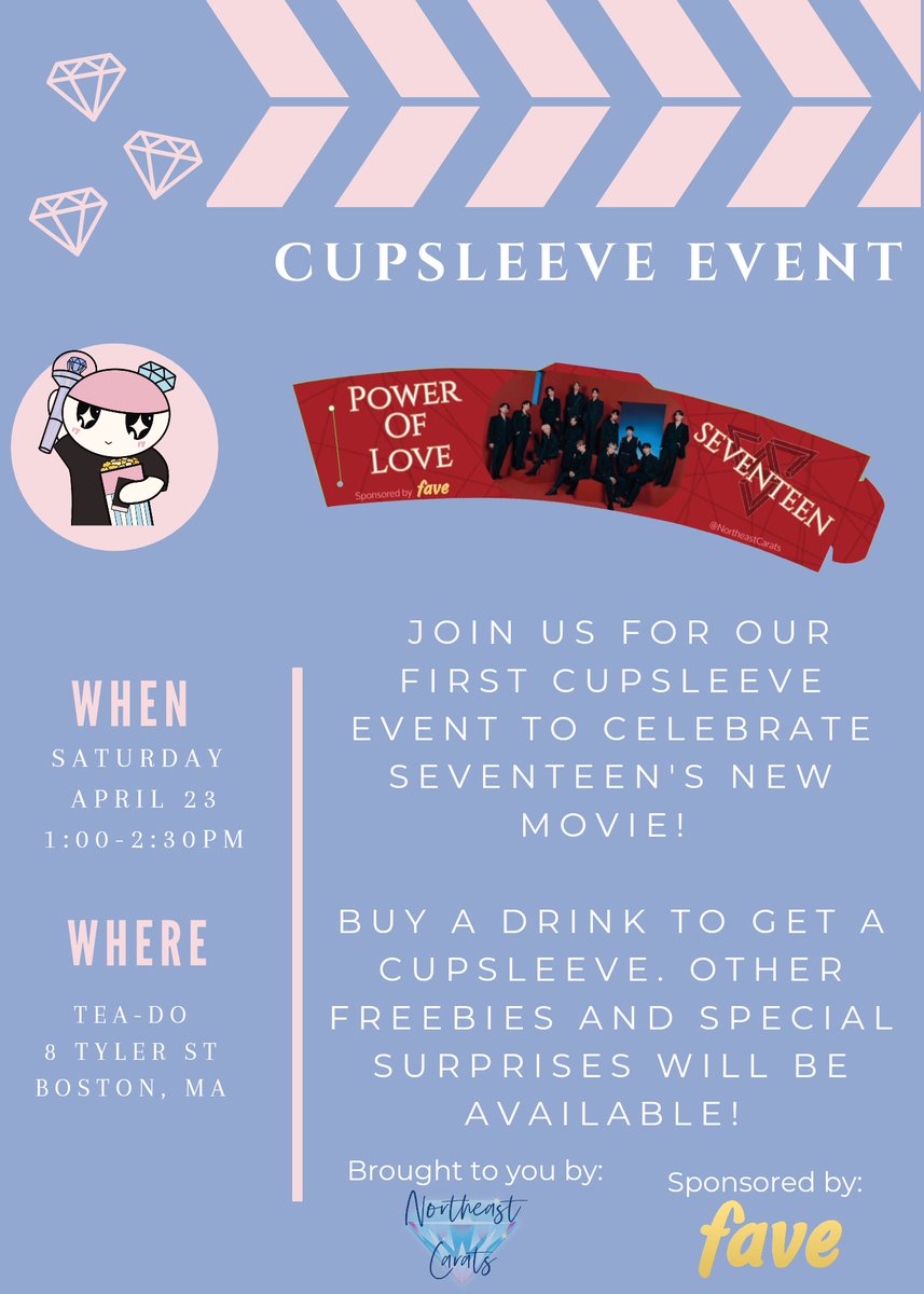 NortheastCarats's tweet photo. We will be hosting our first Cupsleeve to celebrate Seventeen's new movie. See details below and make sure to share with everyone!!
#nec #bostoncarats #carats #SEVENTEENPOWEROFLOVE #SEVENTEEN https://t.co/LqBs8Ea7OT