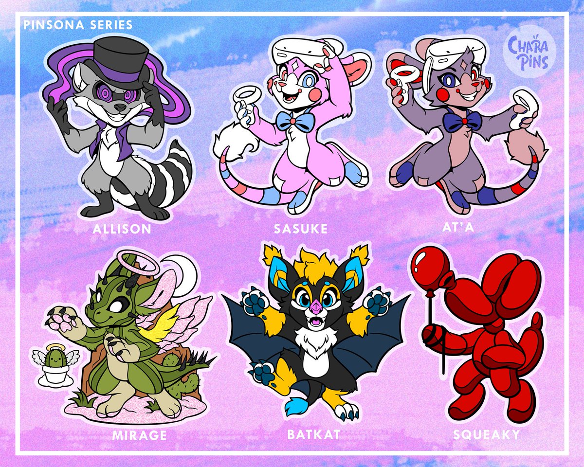 Pin commission designs part deux! Aren't they ALL adorable?! We got a raccoon, zafara twins, dutchie, bat and a balloon animal!! 😍✨ #kawaiiart #furrypins #ocart #pinsona