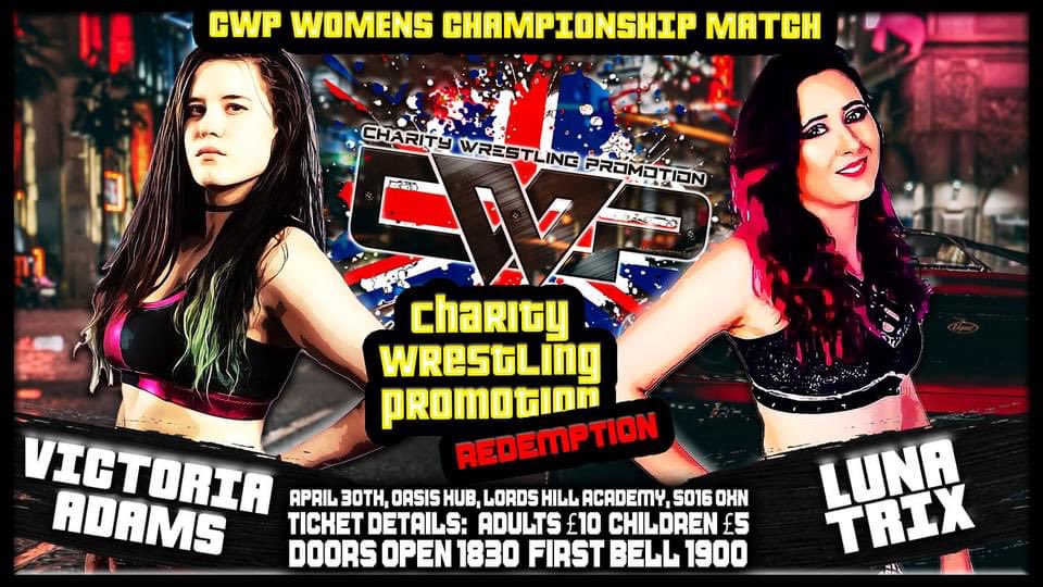 CWP Redemption show will guarantee you a “And Neeeww CWP Women’s Champion…”

🦓🧦

📅 April 30th
🏟  Oasis Academy Lord's Hill
🤼‍♀️ <a href="/CWPCharity/">Charity Wrestling Promotion</a> 
💪 <a href="/The_Valkyrie_VA/">Victoria Adams</a> vs <a href="/Lunatrixpw/">Luna Trix</a> 
🎟 Tickets will be available on the door OR you can pre order seats via charitywrestling@yahoo.