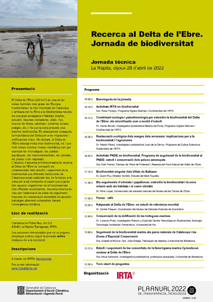 RosaTrobajo's tweet photo. Jornada de biodiversitat al Delta de l'Ebre, amb gran diversitat també de ponents i de temes! 
Dijous 28 d'abril a l'IRTA La Ràpita @irtacat , si no et pots desplaçar també la pots seguir online. 
Inscripció gratuita 👇https://t.co/jvKJbSBGU4 https://t.co/OPmDzPk4jq