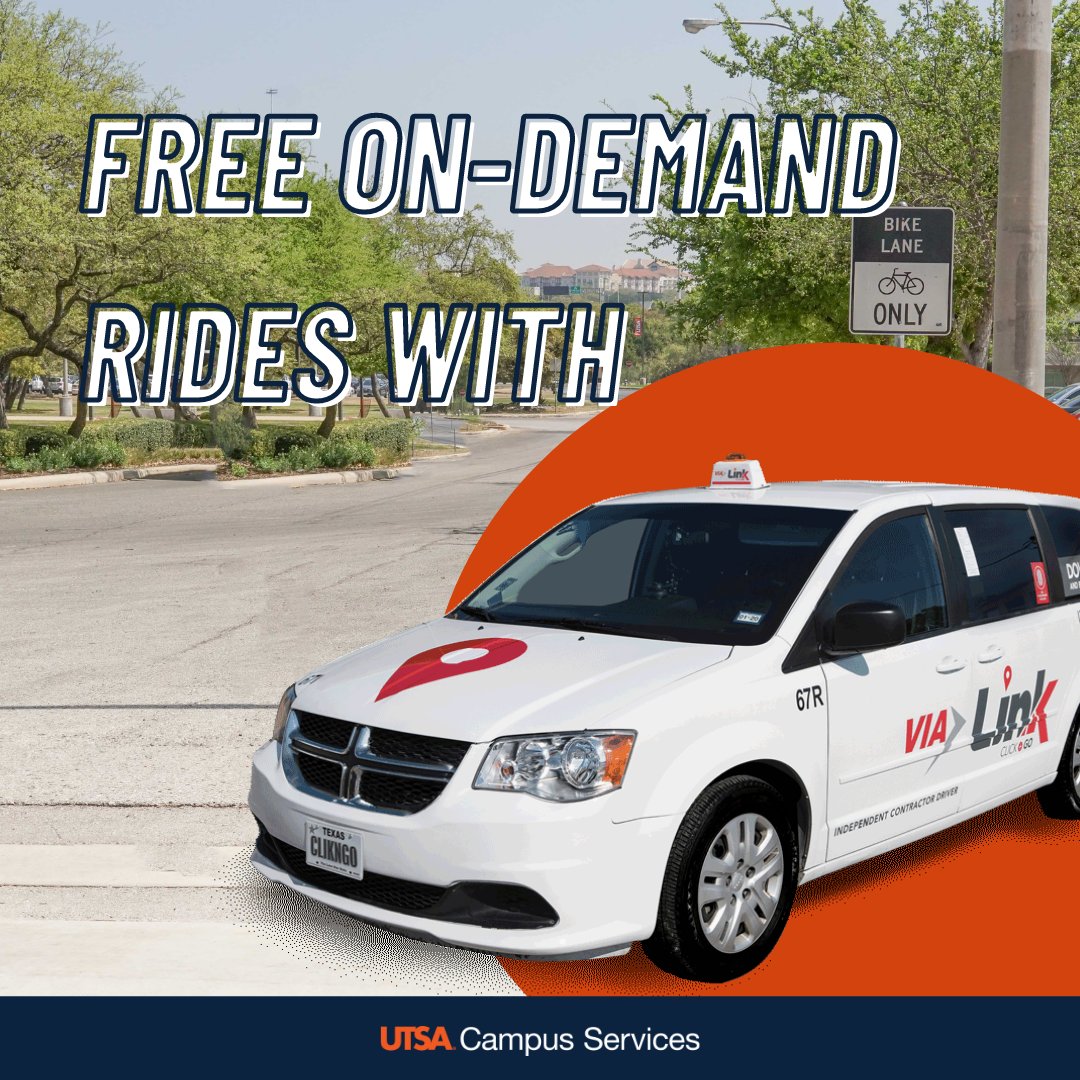UTSACampusSrvcs's tweet photo. Hey, 'Runners! If you're looking to take a shopping trip after your classes end for the day, get a lift with VIA Link. Free, on-demand rides with your VIA U-Pass! https://t.co/6QXlfVBYgQ https://t.co/fB3G0xJumM