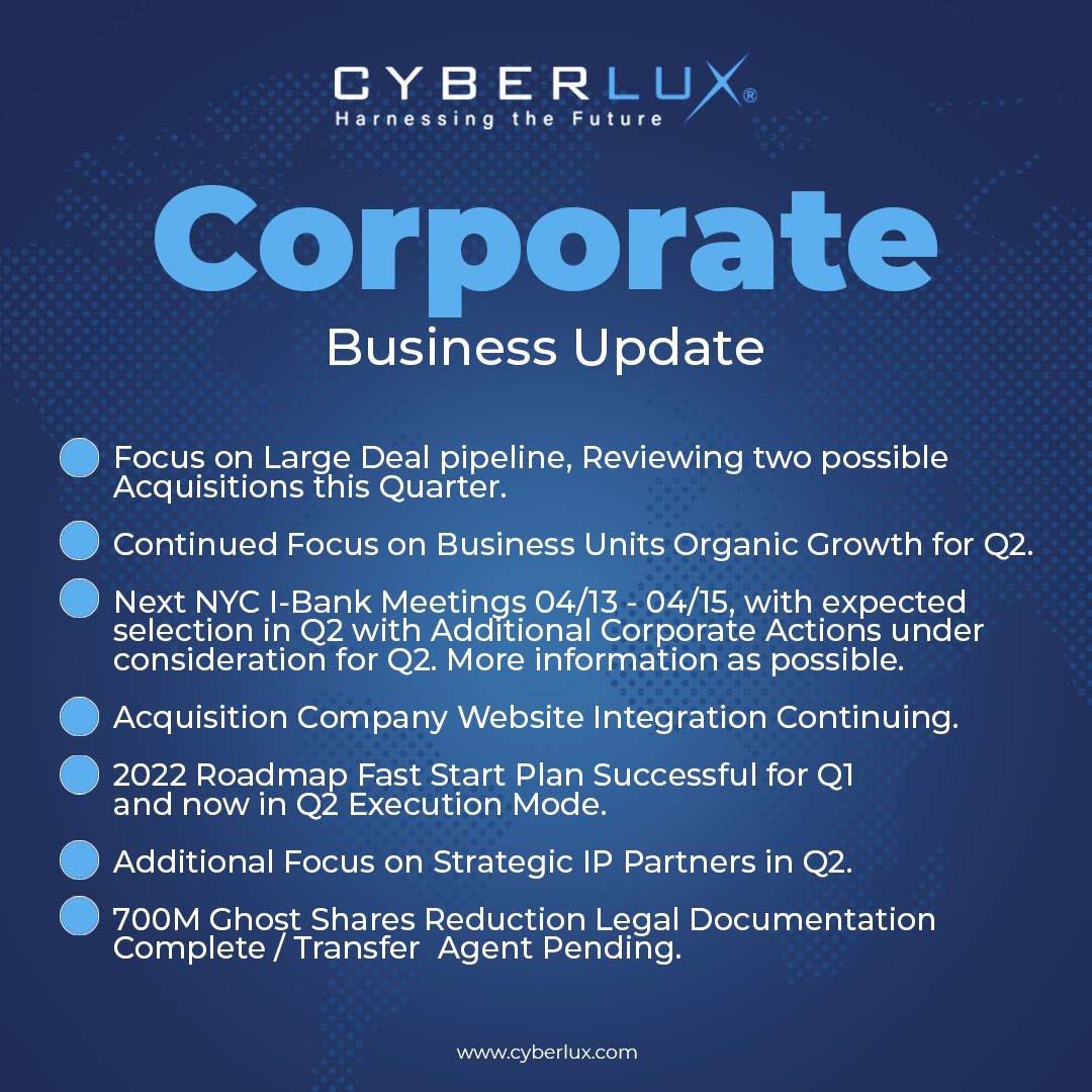 CyberluxC's tweet photo. Business update: Here are the updates from our four Business Units on Q2 plans. We closed Q1 as our best quarter yet in company history and we look forward to another amazing fast paced Q2!

#BusinessUpdate #2022FastStart #ShareholderValue $CYBL https://t.co/K8Lte6E01U
