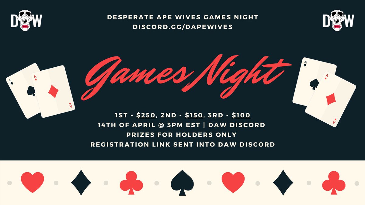 Another games night is here 🎮

We will be getting started with our games night in just under an hour! 

Be sure to be in the DAW discord at 3pm EST to get involved, well be hanging out in the voice channel playing some Poker and City Guesser! 🤩

See you there!