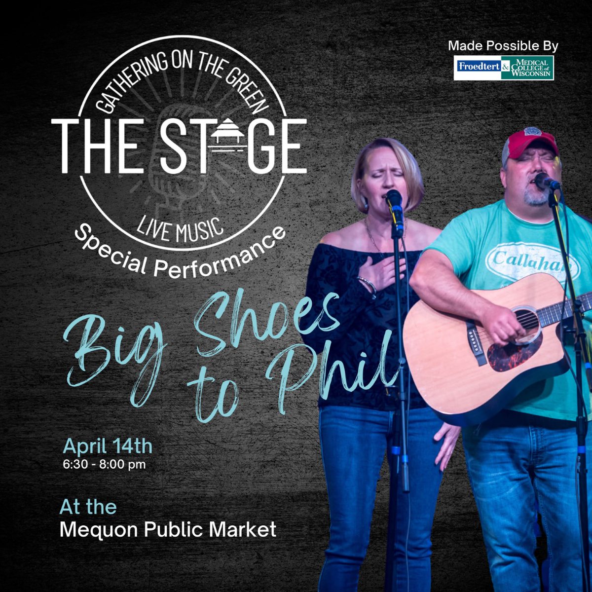 Big Shoes to Phil LIVE on Thursday, April 14th from 6:30-8:00 pm at the Mequon Public Market. "Big Shoes to Phil" is an acoustic husband/wife duo that has been playing music in SE Wisconsin for 8+ years. 
For more information visit: gatheringonthegreen.org