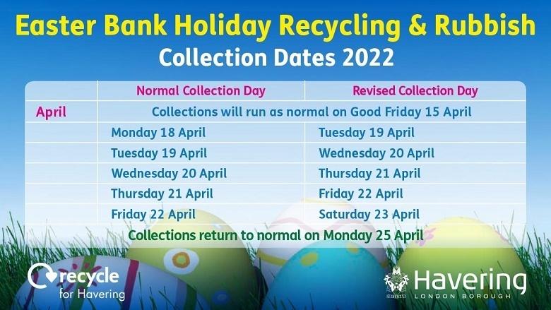 Havering Council on Twitter: "Tomorrow, Good Friday 15 April, your waste  &amp; recycling collections take place as usual, but there are no  collections on Easter Monday &amp; your collections will be a