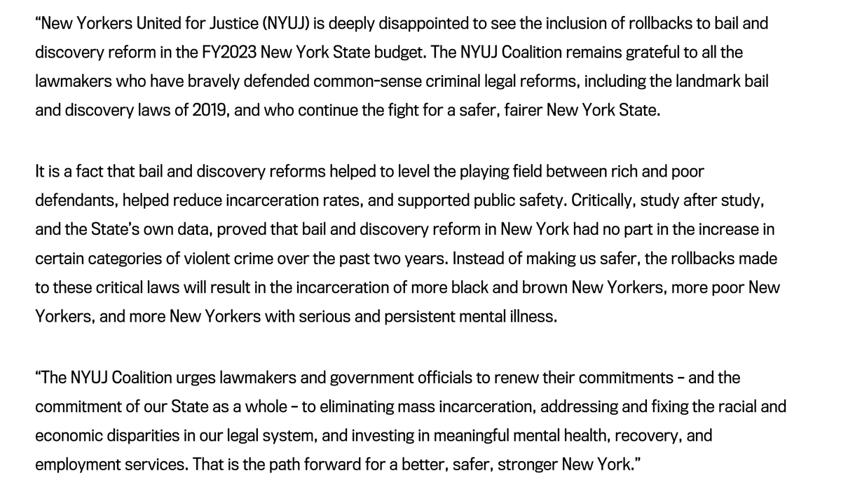 Our statement on the 2022 New York State budget and its rollbacks on bail and discovery reforms.

nyuj.org/resources/nyuj…