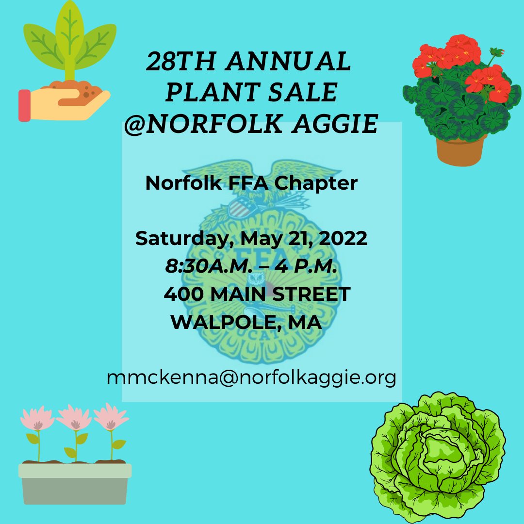 NorfolkFFA's tweet photo. Norfolk FFA Chapter Plant Sale
Saturday, May 21, 2022
8:30am – 4pm
400 Main St.
Walpole, MA 02081
Contact: mmckenna@norfolkaggie.org https://t.co/Ls864Bn9eb