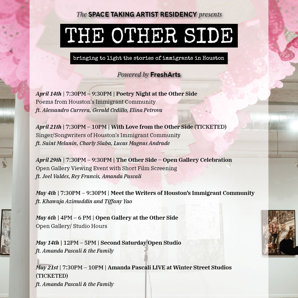 freshartsorg's tweet photo. Mark your calendars! Our Artist in Residence @amandinapascali has curated some AMAZING events over the next few weeks. See you there!
#TheOtherSide #SpaceTakingResidency #STAR #FreshArtsOrg #PoweredByFreshArts #FreshArts20 #HouArts #HoustonArtists
π: https://t.co/2ngxTqlQ9H https://t.co/Fb15wGIS0S