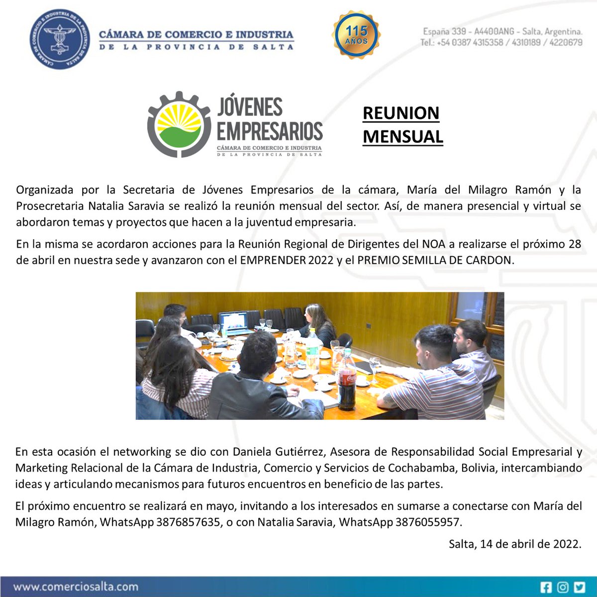 SJESalta's tweet photo. SECRERARÍA DE JÓVENES EMPRESARIOS. En la reunión mensual se acordaron acciones para la Reunión Regional de Dirigentes del NOA del próximo 28 de abril en nuestra sede y avanzaron con el EMPRENDER 2022 y el PREMIO SEMILLA DE CARDON.

Artículo web: https://t.co/wdOPbQbzbx https://t.co/vy48VlbvHO