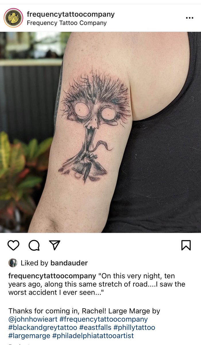 FatherOfBen's tweet photo. Support Tattoo Artists: Check out Rachel’s “Large Marge” tattoo from the . The tattoo was done by John Howie at Frequency Tattoo Company in East Falls. https://t.co/ofeMJQHcSi #JohnHowie #FrequencyTattoo #EastFalls #TimBurton #PeeWeeHerman #LargeMarge https://t.co/TnNipsUa68