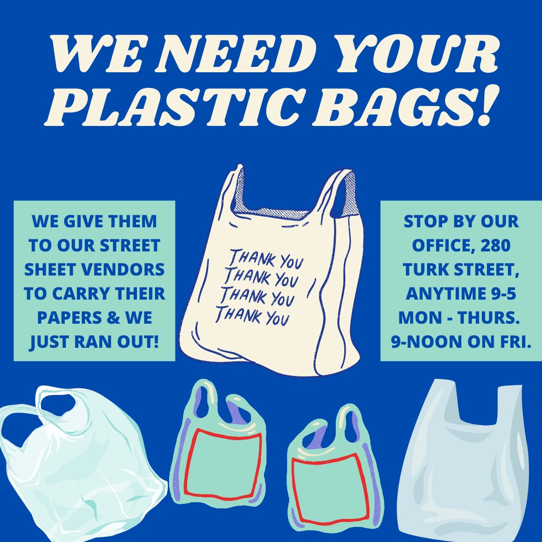 TheCoalitionSF's tweet photo. Do any of you hold on to your old plastic bags? If you have some to spare we'd love to take them off your hands and use them to distribute our Street Sheet newspapers to our vendors who sell them rain or shine! https://t.co/xV1bZ5kAIh