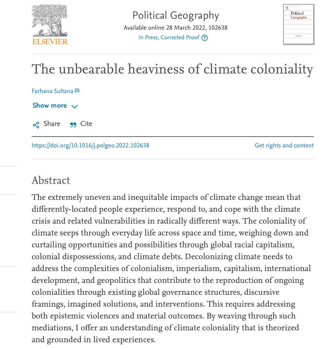 Here is the long-awaited & years-in-the-making paper on #ClimateColoniality! It was my plenary lecture for @Pol_Geog_Jl at the 2022 @theAAG conference. Access the text here: authors.elsevier.com/a/1evla_Lupus%… #ClimateCrisis #ClimateJustice #Coloniality #Decolonization