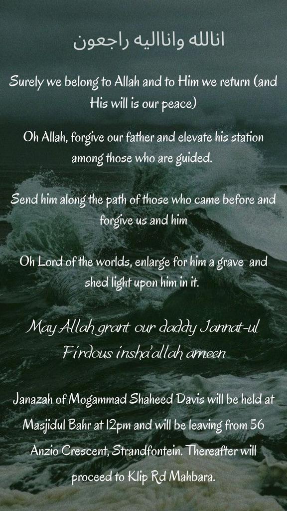 noem_my_riyaas's tweet photo. My daddy.
A soldier of Allah.
An example always.

May you rest in peace daddy.
May Allah place nur in your kabr and may it be a garden of Jannah. In Shaa Allah Ameen. 

I will love you always 💚

Mogammad Shaheed Davis ❤️ https://t.co/JFGCKHjhsa