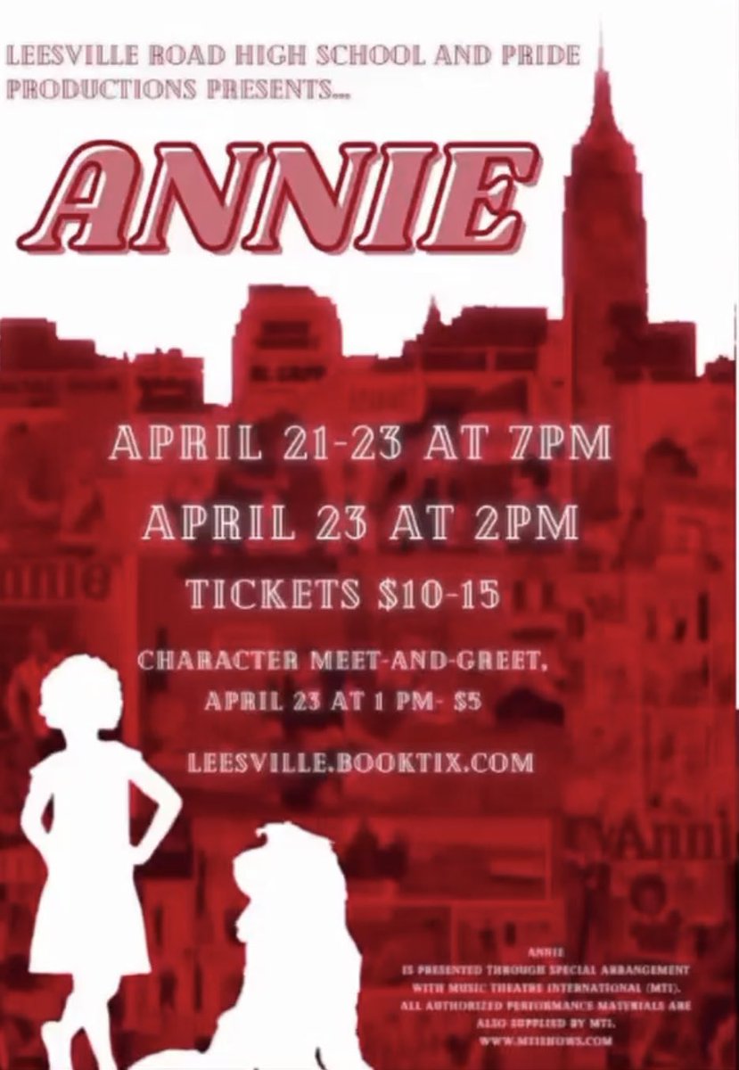 Come see Leesville’s rendition of the classic show Annie next week! Get tickets here —>  leesville.booktix.com