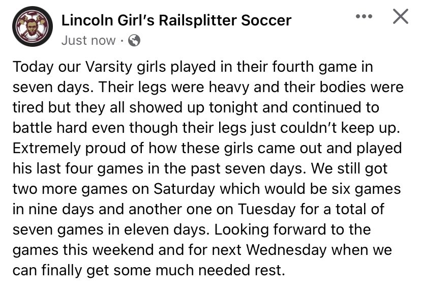 girl_lincoln's tweet photo. Extremely tough to play four games in seven days but our girls stepped up and did it. Will end the week playing two more back to back games Saturday and one more on Tuesday. #railsplittersoccer #neverbackdown #fightingthrough https://t.co/CkESAYPmNp