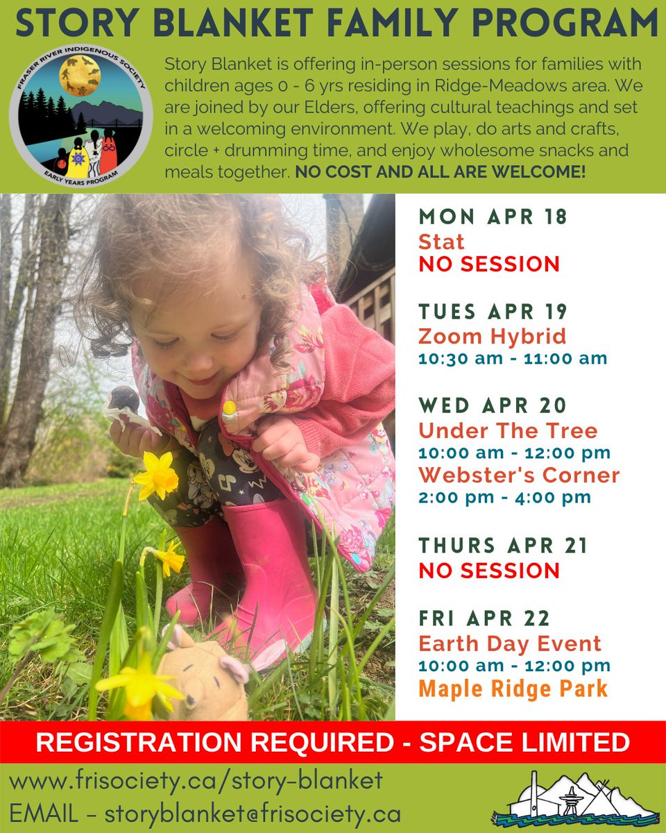 RiverFraser's tweet photo. NO COST AND ALL ARE WELCOME!
Contact Kathleen to register - storyblanket@frisociety.ca
#StoryBlanket #EarlyYears #EarlyYearsProgram #FRIS #FraserRiverIndigenousSociety #IndigenousChildren #IndigenousYouth #RidgeMeadows #CulturalTeachings #ArtsandCrafts #Drumming #Elders https://t.co/Nq1KHPt2Ql