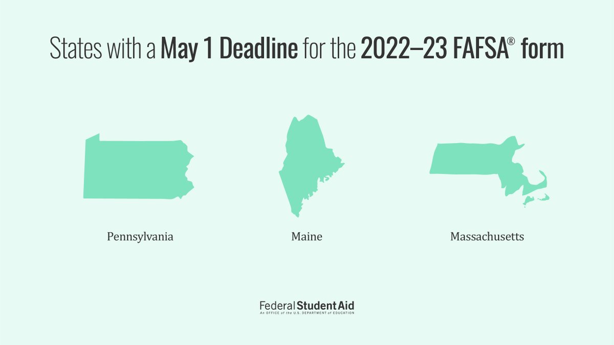 FAFSA's tweet photo. April showers bring May 2022–23 FAFSA® form state deadlines!

If you live in these states, make sure to get your form in before the deadline. https://t.co/yZtArLVuPC https://t.co/tJCwqIvcYb