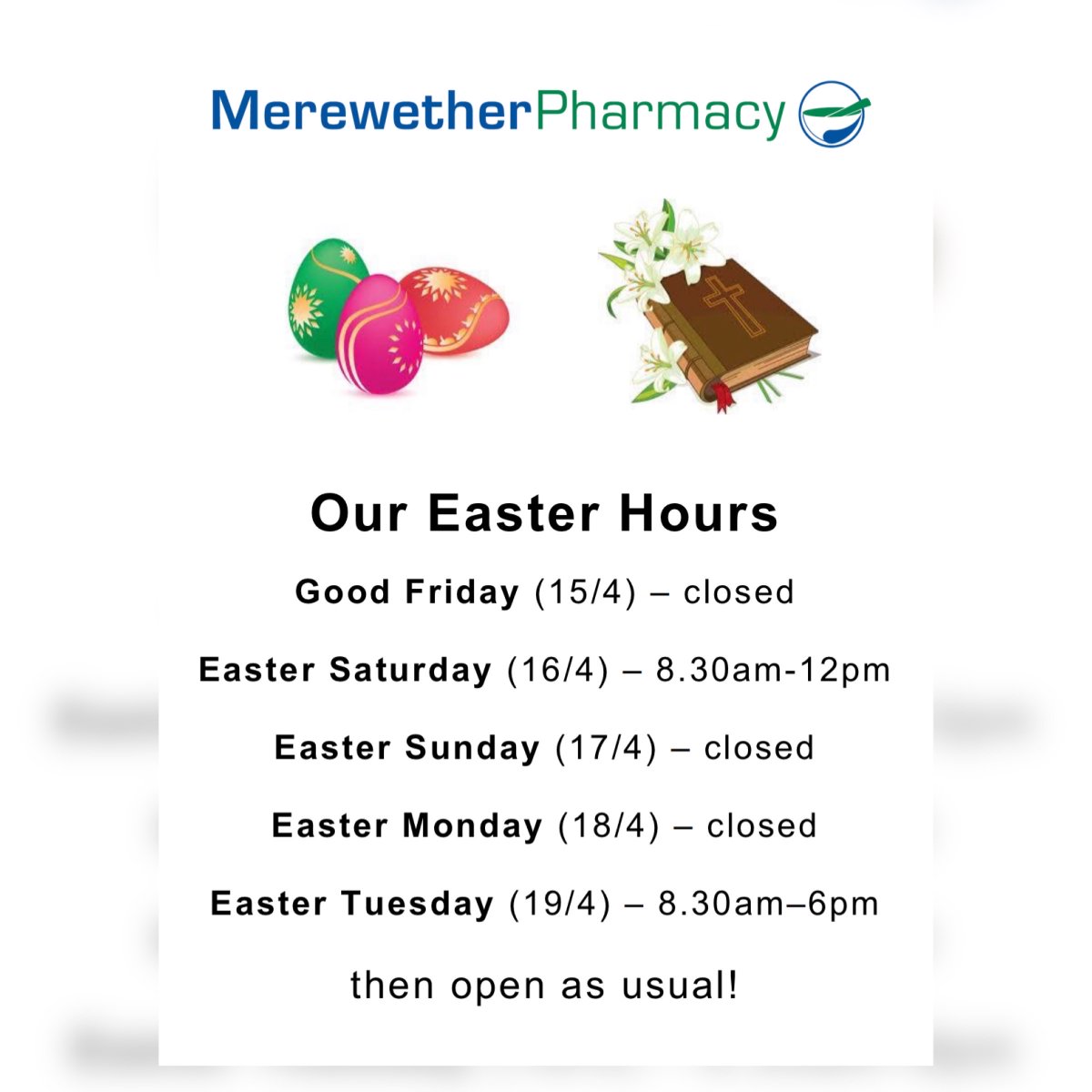 MerewetherPhcy's tweet photo. Happy Easter 🐣✝️🍫!!! Here are our opening hours over Easter period ...
Note that we are open on Sat!
If you need medical attention out of hours - contact GP Access on 1300 130 147 
#Easter #Health #Merewether #Pharmacy #Open7Days #HereForYou #BuyLocal #GetHealthy #StayHealthy https://t.co/u1UU2nNtFe
