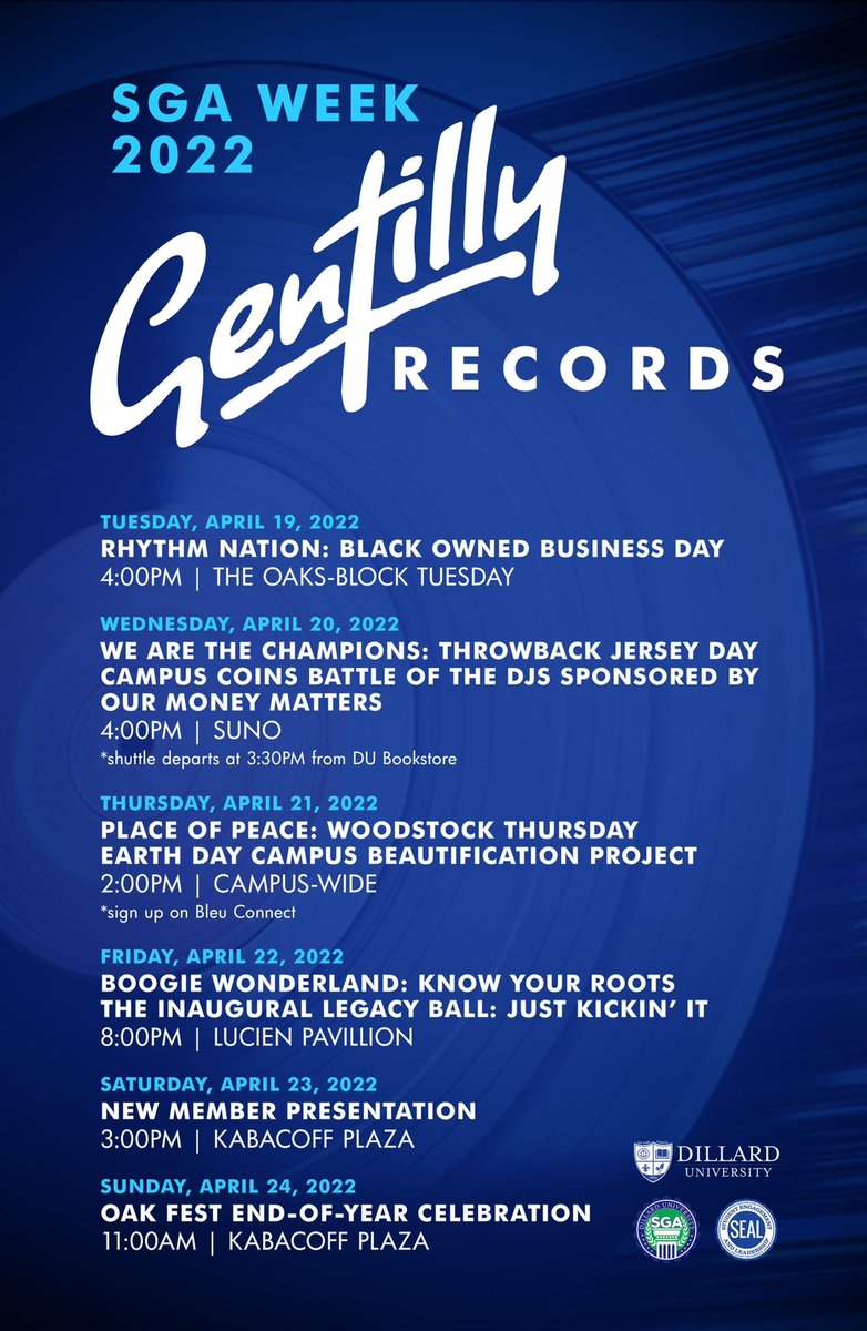 Mic check 1,2 Mic Check 1,2! Is this thing on? 

GENTILLY RECORDS PRESENTS… 

SGA Week 2022 🥶🎙

Join us for a week of events as SGA shows the campus a little “TLC” 🤍💙

 Be on the 👀 for additional drops (get it like sneakers for the ball) 😏 

#MyDU #DU25 #DU24 #DU23 #DU22