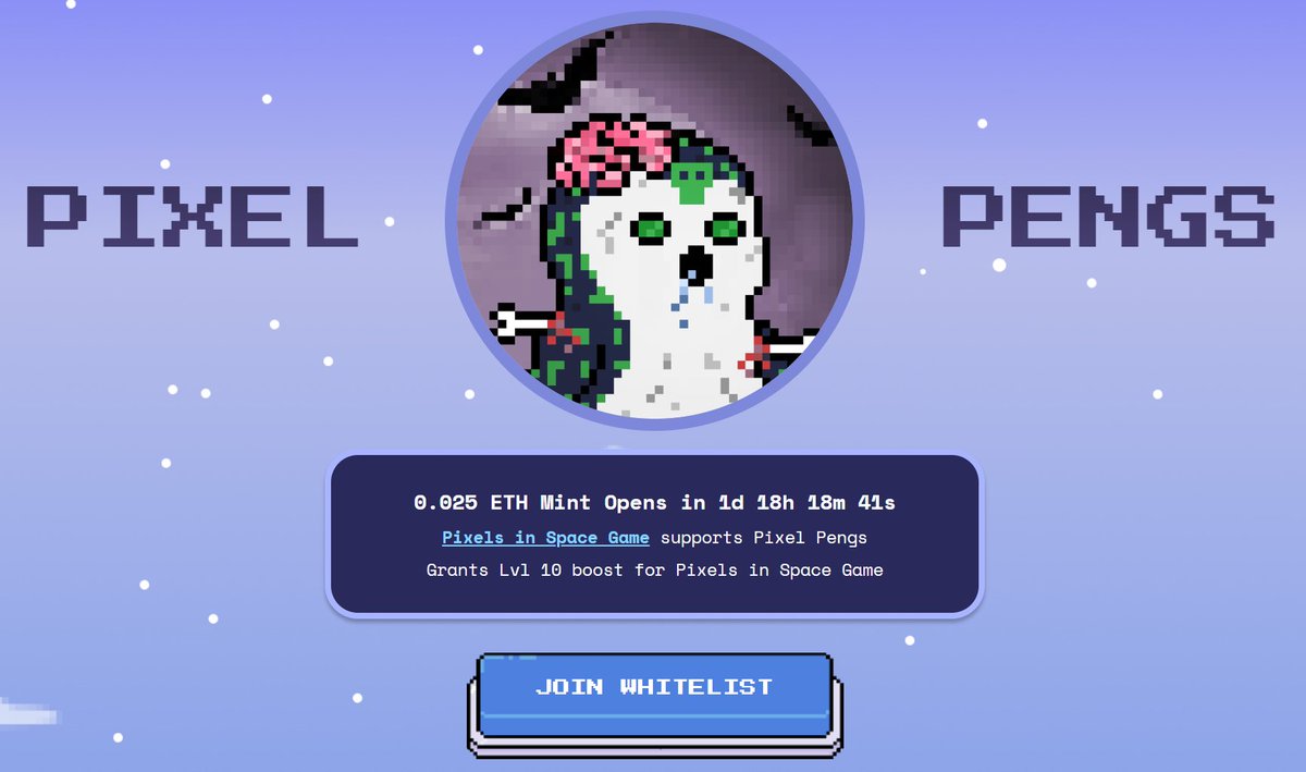 GM, space doods

We have officially opened our Whitelist for Pixel Pengs to the public.

Claim your FREE MINT now @ pengs.pixelsinspace.io

To celebrate, we are giving 2x Pixel Doods:
✅Follow @PixelsinSpace_
✅Tag 2 friends
✅Like and RT

Mint @ 2PM EST Saturday April 16th