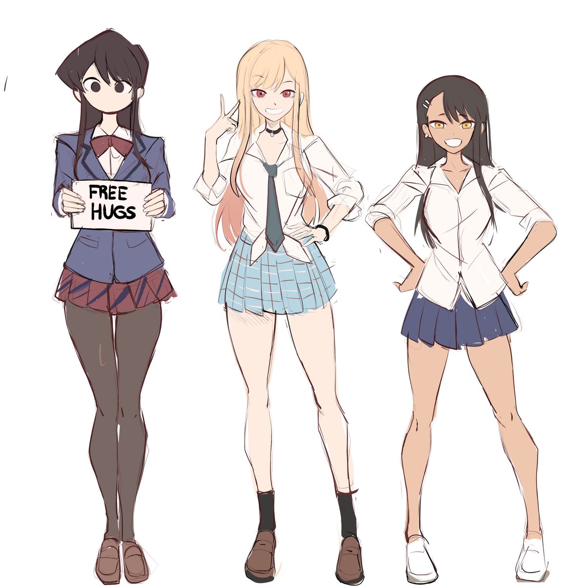 kitagawa marin ,komi shouko ,nagatoro hayase skirt 3girls multiple girls school uniform pantyhose black hair white shirt  illustration images