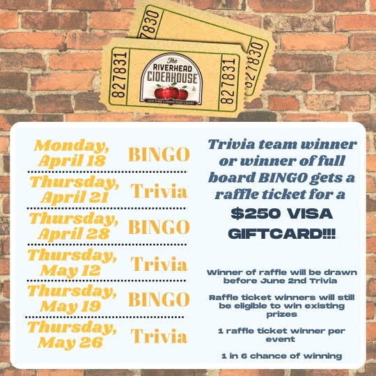 Riverhead_Cider's tweet photo. BINGO Monday! BINGO will be held at the tasting room from
5:45PM - 7:45PM. Each player will get two cards and prizes will be won throughout the night. Registration will begin at 5:15PM. Join our apple 🍎crew and have a great time. https://t.co/fEKxAwc8fc