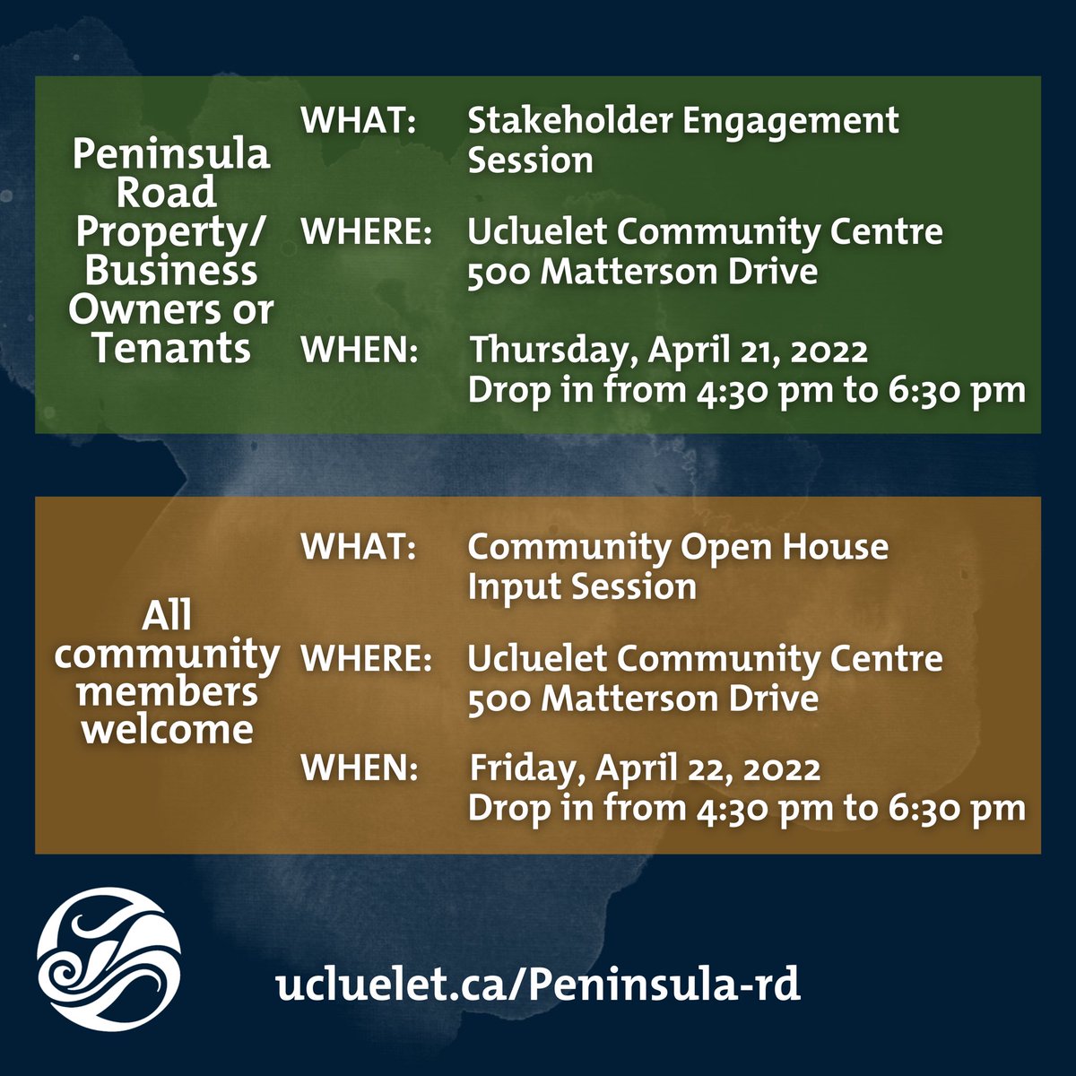 Peninsula Road
Safety &amp; Revitalization Project:  

Stakeholder Input Session &amp; Community Open House: Please join us and share your input.

ucluelet.ca/community/comm…