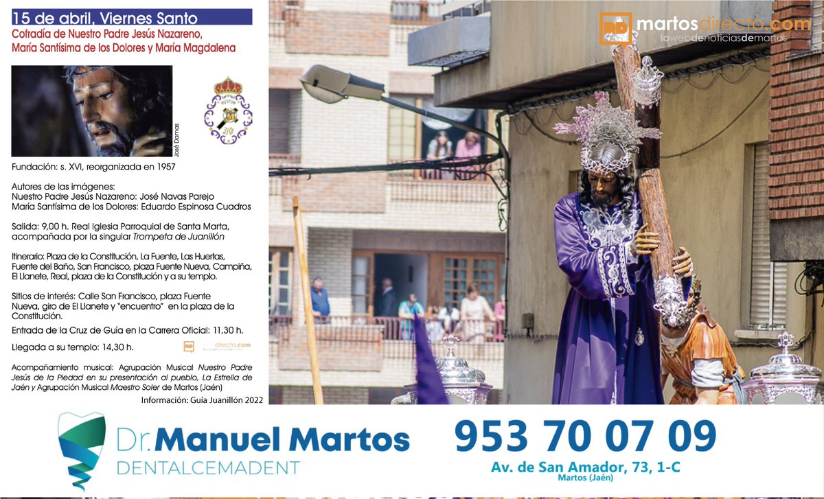 ⚪️🟣 INFORMACIÓN SSANTA 2022|| Os dejamos los horarios y recorrido de la Cofradía de Nuestro Padre Jesús Nazareno,
María Santísima de los Dolores y María Magdalena, que tiene programada su salida esta mañana de Viernes Santo.
#SemanaSanta #Martos