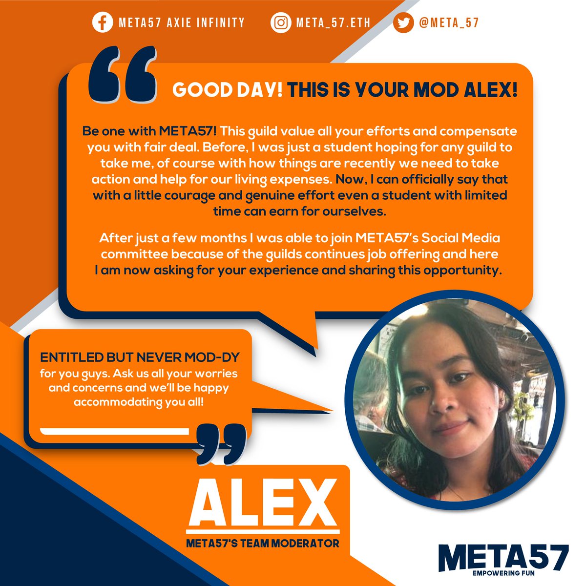 Meta_57's tweet photo. There's never a shortage of opportunities and positive energy when you're with META57! 😁✨

META57 celebrates and acknowledges the skills and efforts of its members, and our Head Moderator, Alexis, is here to share more about it!

#META57
#AxieInfinity
#Pegaxy
#P2E https://t.co/G71QOw6vxP