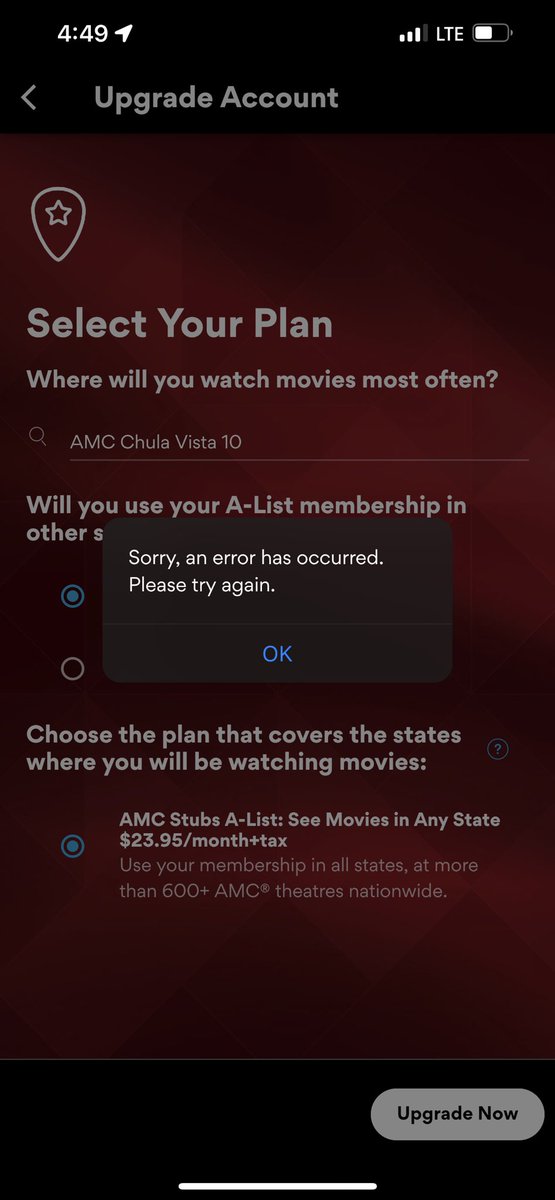 DShock80's tweet photo. @AMCHelps I’m trying to upgrade to A-List but I keep getting an error message. https://t.co/vT5sH6mmKc