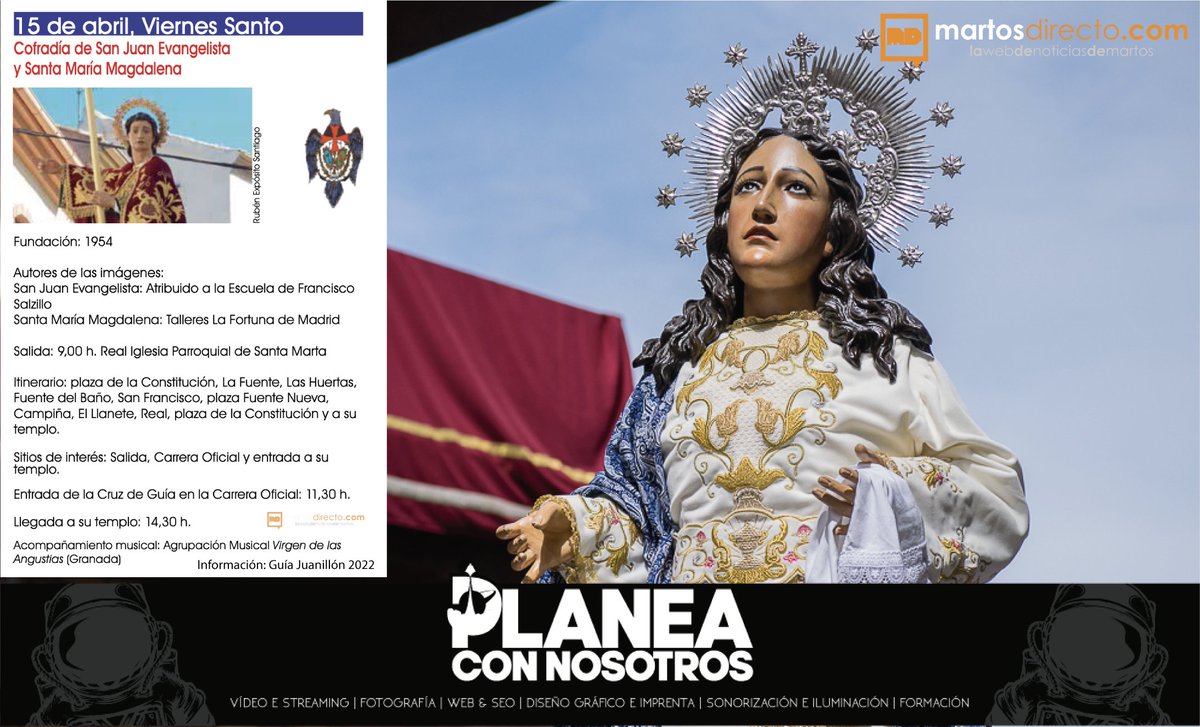 ⚪️🟣 INFORMACIÓN SSANTA 2022|| Os dejamos los horarios y recorrido de la Cofradía de San Juan Evangelista y Santa María Magdalena que tiene programada su salida esta mañana de Viernes Santo.
#SemanaSanta #Martos
