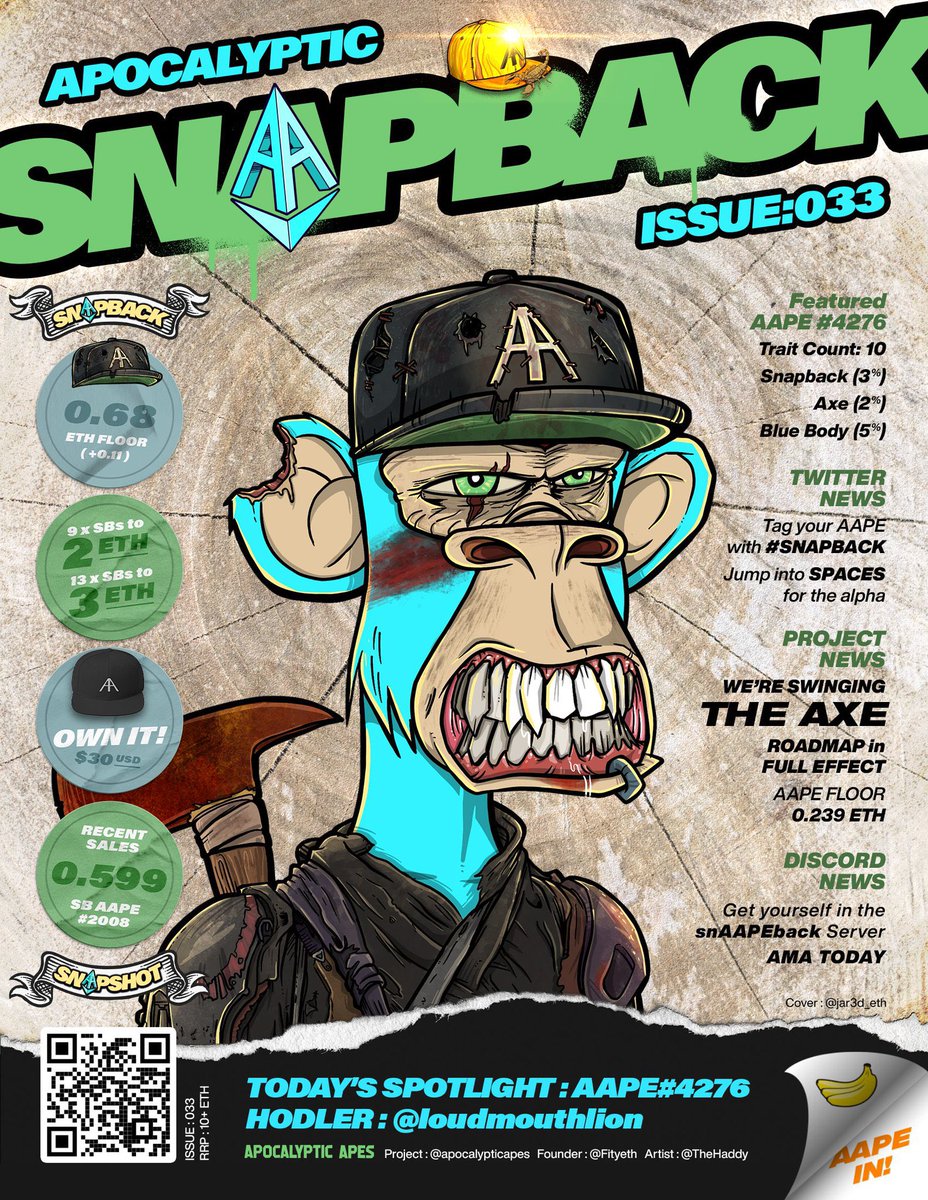 APOCALYPTIC SNAPBACK:ISSUE 033 Featured:
@loudmouthlion
 AAPE #4276
_____
<a href="/apocalypticapes/">Apocalyptic Apes | 🦍</a>
 / 
<a href="/Fityeth/">fity.eth</a>
 / 
<a href="/TheHaddy/">HaddyTheCreator</a>
 / 
<a href="/AAPEQueens/">Apocalyptic Queen Apes 👑🦍</a>

Tone of giveaways announced on discord
Queens pre-sale 22nd of April! 👀🚀✨
Cover art by @jar3d_eth
#aapes #aape #nft #snapbackgang #aapequeens