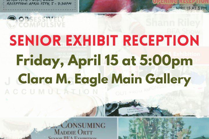 MurrayStateArt's tweet photo. Our senior exhibitions start this week! Part I opens tomorrow evening Friday, Apr 15th at 5pm in the Eagle Galleries with a reception. The event is free and open to the public, and will be live-streamed on zoom (link in bio) and facebook live. #MurrayStateArt #BFAshows https://t.co/pWKIMyb8aP