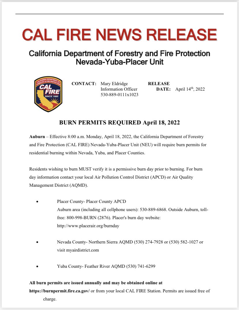 CAL FIRE NevadaYubaPlacer Unit on Twitter "Please see the attached