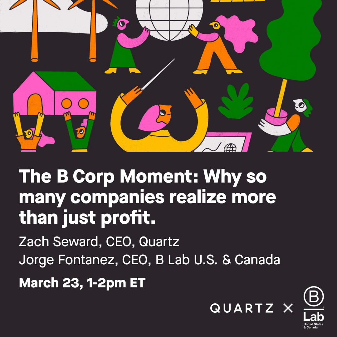The B Corp Moment: Why so many companies realise more than just profit. A conversation with @qz & #BCorp leaders about serving all stakeholders: 🎙️Alison Whritenour @SeventhGen 🎙️Kirsten Tobey @RevolutionFoods 🎙️Zach Seward @qz 🎙️Jorge Fontanez @bcorpuscan qz.com/2146471/sustai…