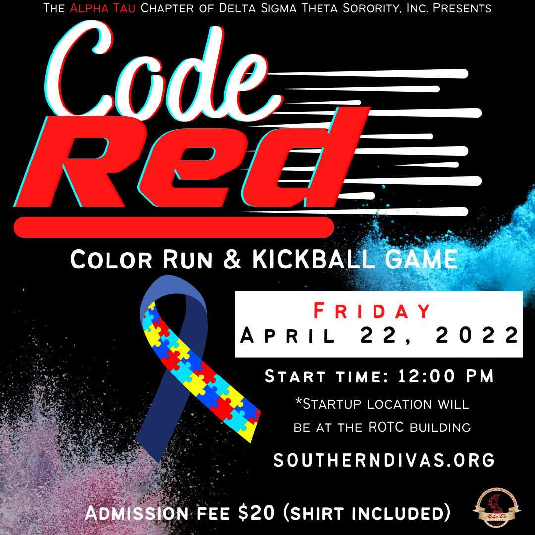__SouthernDivas's tweet photo. ATTENTION!🚨It’s a Code Red! Join the  Ladies of the Alpha Tau Chapter of Delta Sigma Theta Sorority, Inc. for the “Code Red” color run and kickball game to support Autism🧩 Sign up using the link in our bio! https://t.co/1pfSfZL6Hp