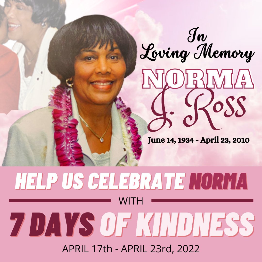 PinkRibbonDrive's tweet photo. Join us for #7DaysofKindness from April 17th - April 23rd in loving #memory of Mrs. Norma J. Ross! We encourage you to take a photo or video of you doing something #kind for someone else, take a moment to post &amp; tag the Norma J. Ross Foundation or Pink Ribbon Driven. #NJRMF https://t.co/KwAOngKNTC