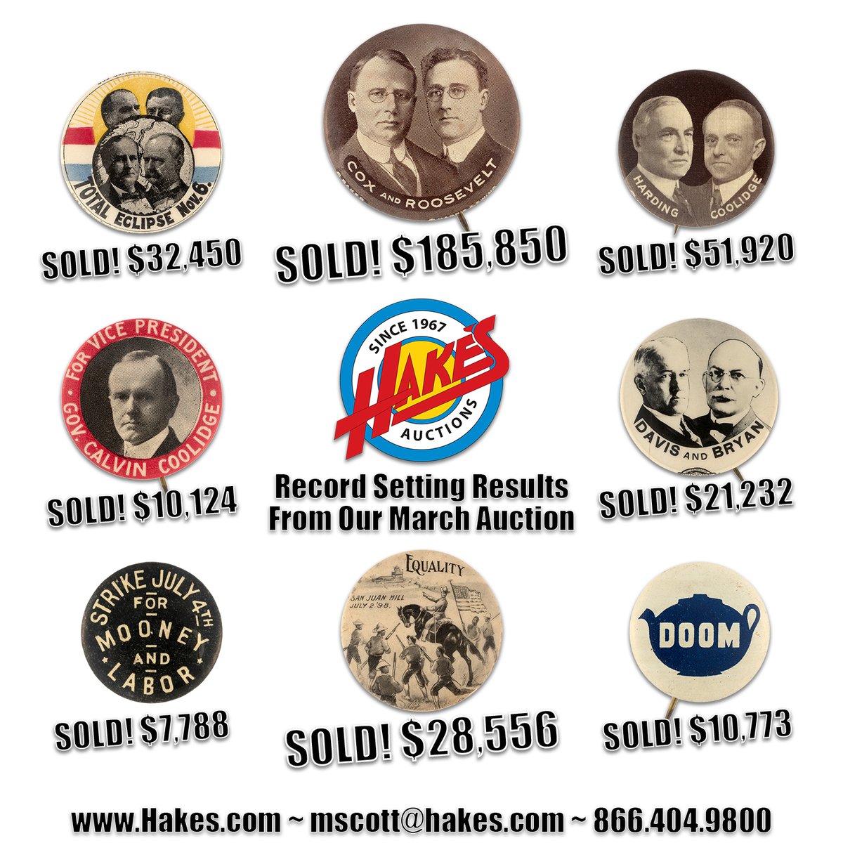 HakesAuctions's tweet photo. Our March auction was a landmark event highlighted by the $185,850 sale of a 1920 Cox &amp; Roosevelt jugate button, a world record price. If you have historical pin-back buttons or other American Presidential artifacts, contact Americana Specialist Scott Mussell- mscott@hakes.com. https://t.co/jXRLfn4fWH