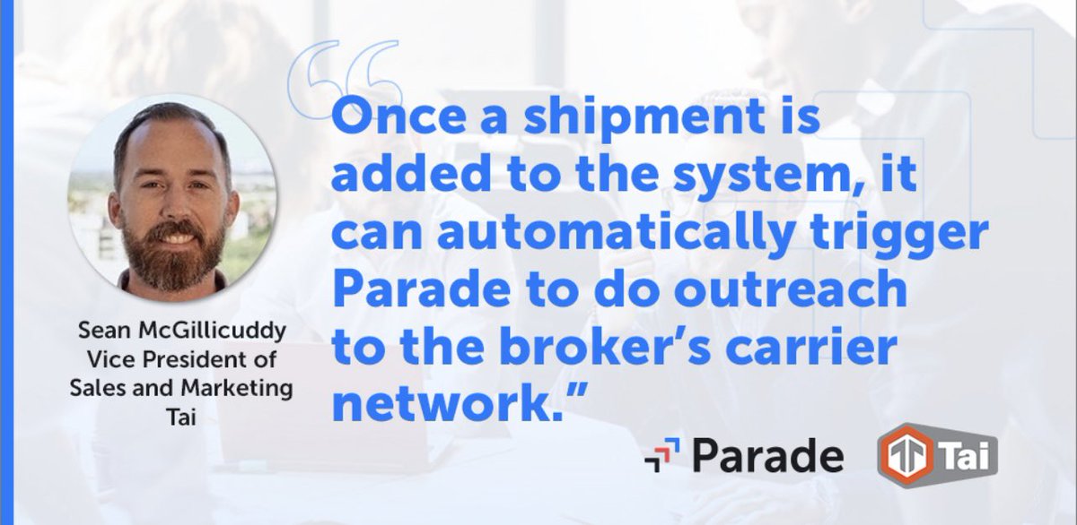 Parade (@paradeai) on Twitter photo Sean McGillicuddy Vice President of Sales & Marketing at <a href="/Tai_Software/">Tai Software</a> shares how simple it is to book loads with Parade's technology. Request a demo from our team to see how Parade can benefit your brokerage! parade.ai
#Parade #ParadeAI #freightbroker #freight Sean McGillicuddy Vice President of Sales & Marketing at <a href="/Tai_Software/">Tai Software</a> shares how simple it is to book loads with Parade's technology. Request a demo from our team to see how Parade can benefit your brokerage! parade.ai
#Parade #ParadeAI #freightbroker #freight