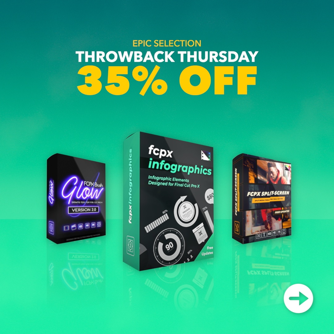 PixelFilmStudio's tweet image. It's Throwback Thursday! Save 35% off today only (just for you!)😉Check out these classics and speed up your editing with this week's awesome effects! 

🔗Check out the sales with the link in bio or here! 👇
bit.ly/PFSsaleoftheday

#fcpx #fcpxplugin #tbtsale #sale