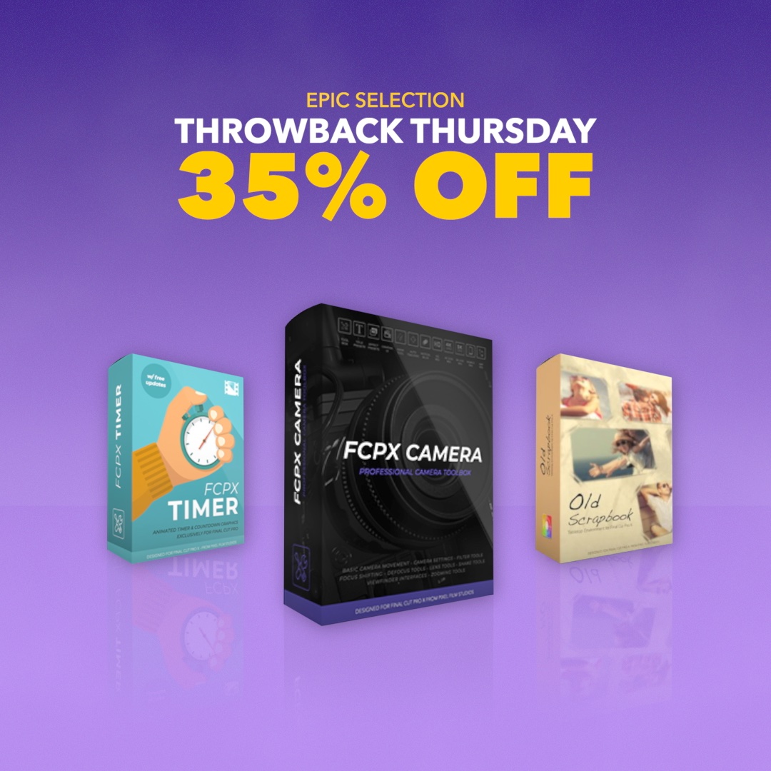 PixelFilmStudio's tweet image. It's Throwback Thursday! Save 35% off today only (just for you!)😉Check out these classics and speed up your editing with this week's awesome effects! 

🔗Check out the sales with the link in bio or here! 👇
bit.ly/PFSsaleoftheday

#fcpx #fcpxplugin #tbtsale #sale