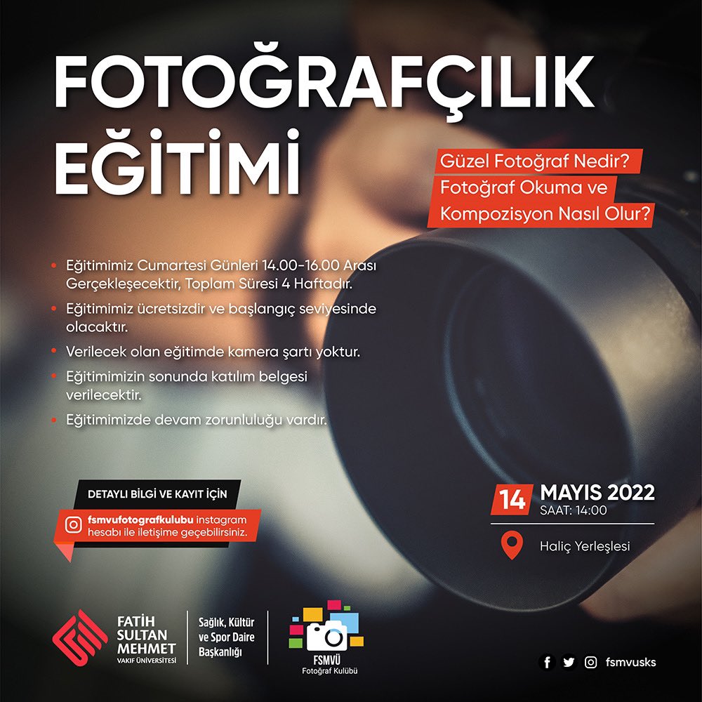 Herkese Yeniden Merhaba💫
Yepyeni bir etkinlikle karşınızdayız🥳
🗓Uzun zamandır beklemede olduğumuz fotoğrafçılık eğitimimize 14 Mayıs tarihinde Haliç yerleşkemizde başlayacağız.

ETİKETLER//
#fsmvu #fotografkulubu #fsmvufotografkulubu <a href="/Fsmvusks/">FSMVÜ SKS</a> <a href="/fsmvu/">Fatih Sultan Mehmet Vakıf Üniversitesi</a>