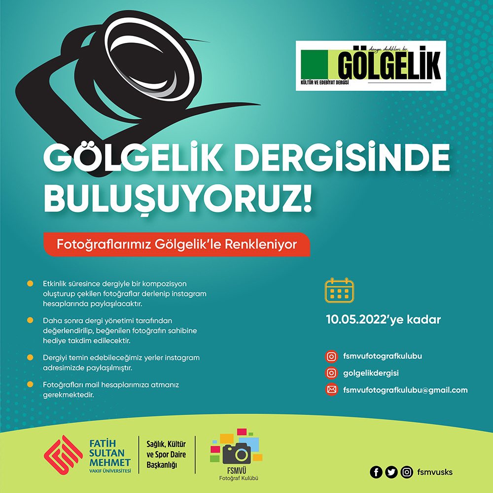 Herkese Yeniden Merhaba💫
🗓Etkinliğimiz için fotoğrafın son gönderim tarihi 10 Mayıs 2022’dir.
📌Dergilerin alım noktaları//
Heybem Kitap kahve
Özgün Yayıncılık
Şam Kahvesi
Üsküdar Mihrimah Kafe

#fsmvu #fsmvufotografkulubu #fotografkulubu
<a href="/fsmvu/">Fatih Sultan Mehmet Vakıf Üniversitesi</a> <a href="/Fsmvusks/">FSMVÜ SKS</a> <a href="/golgelikdergisi/">Gölgelik Dergisi</a>