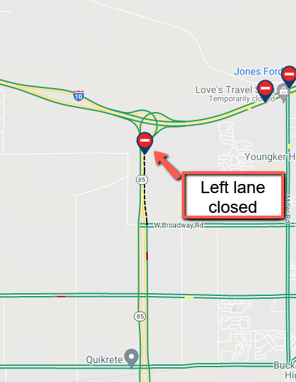 ArizonaDOT's tweet photo. State Route 85 northbound at Broadway Road. The left lane is closed due to a crash.
The right lane is opened.
#aztraffic #SR85 https://t.co/6eipcCLKQw