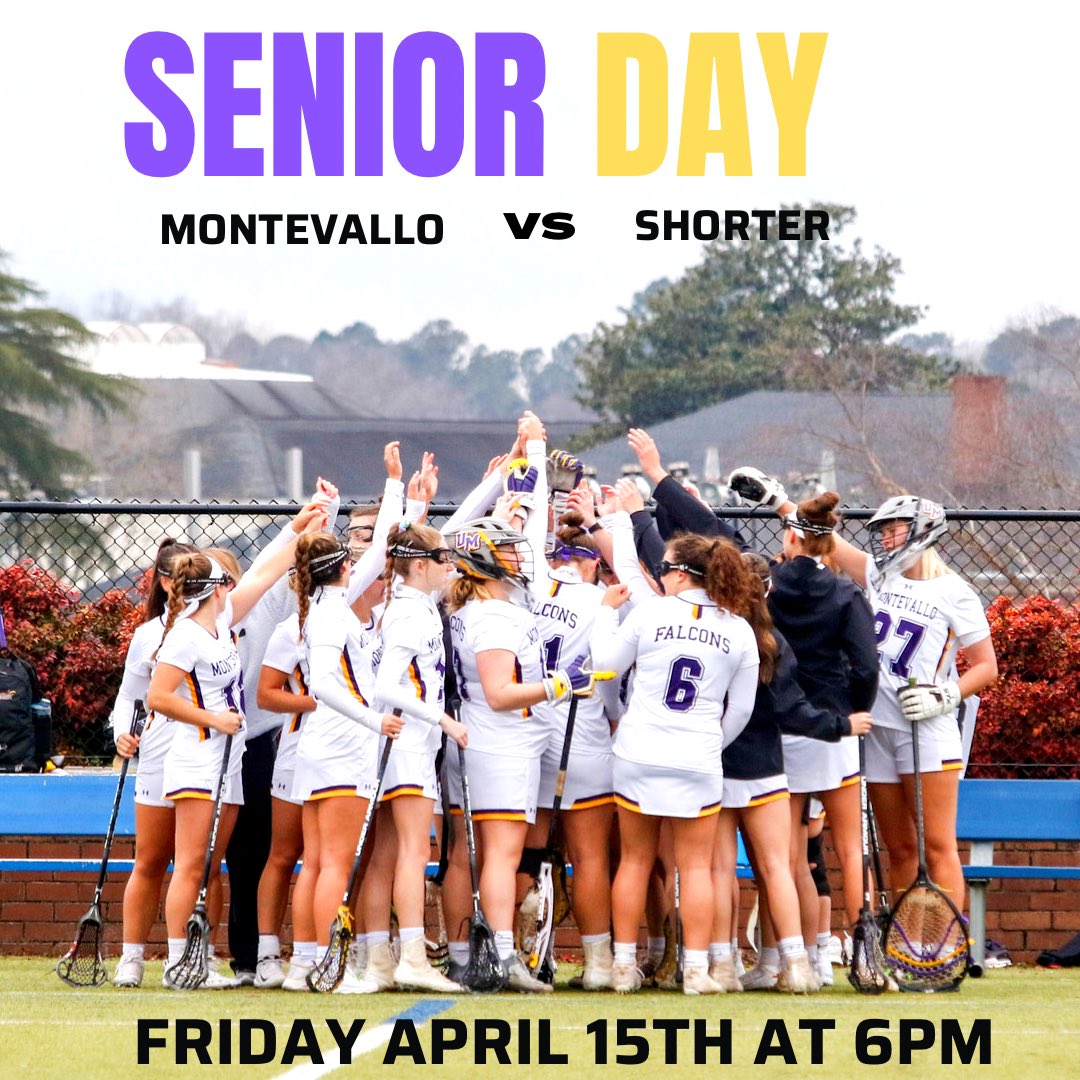 MontevalloWLax's tweet photo. 🚨SCHEDULE CHANGE 🚨
Senior Day has been moved to tomorrow Friday, April 15th at 6pm! Come out and show your support for our seniors on this special day! 💜💛
#riseabove #gofalcons https://t.co/wpvCoIqzyY