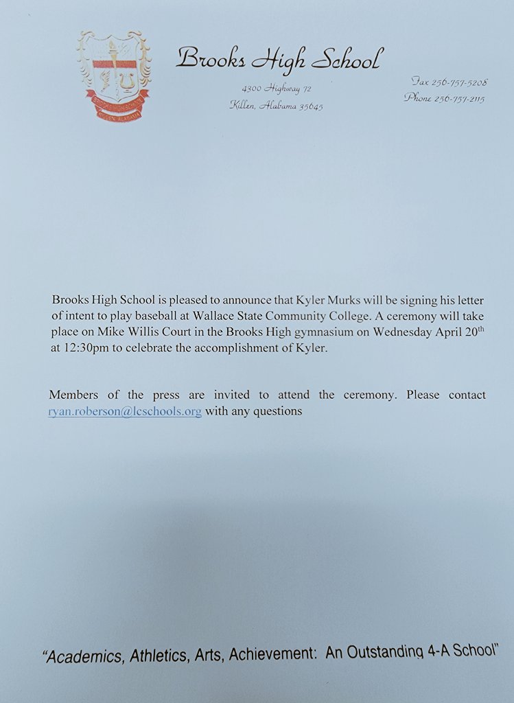 Kyler Murks will be signing his LOI for Wallace State Community College next Wed. at 12:30pm on Mike Willis court in the Brooks High School gymnasium. #BHSATHLETICS