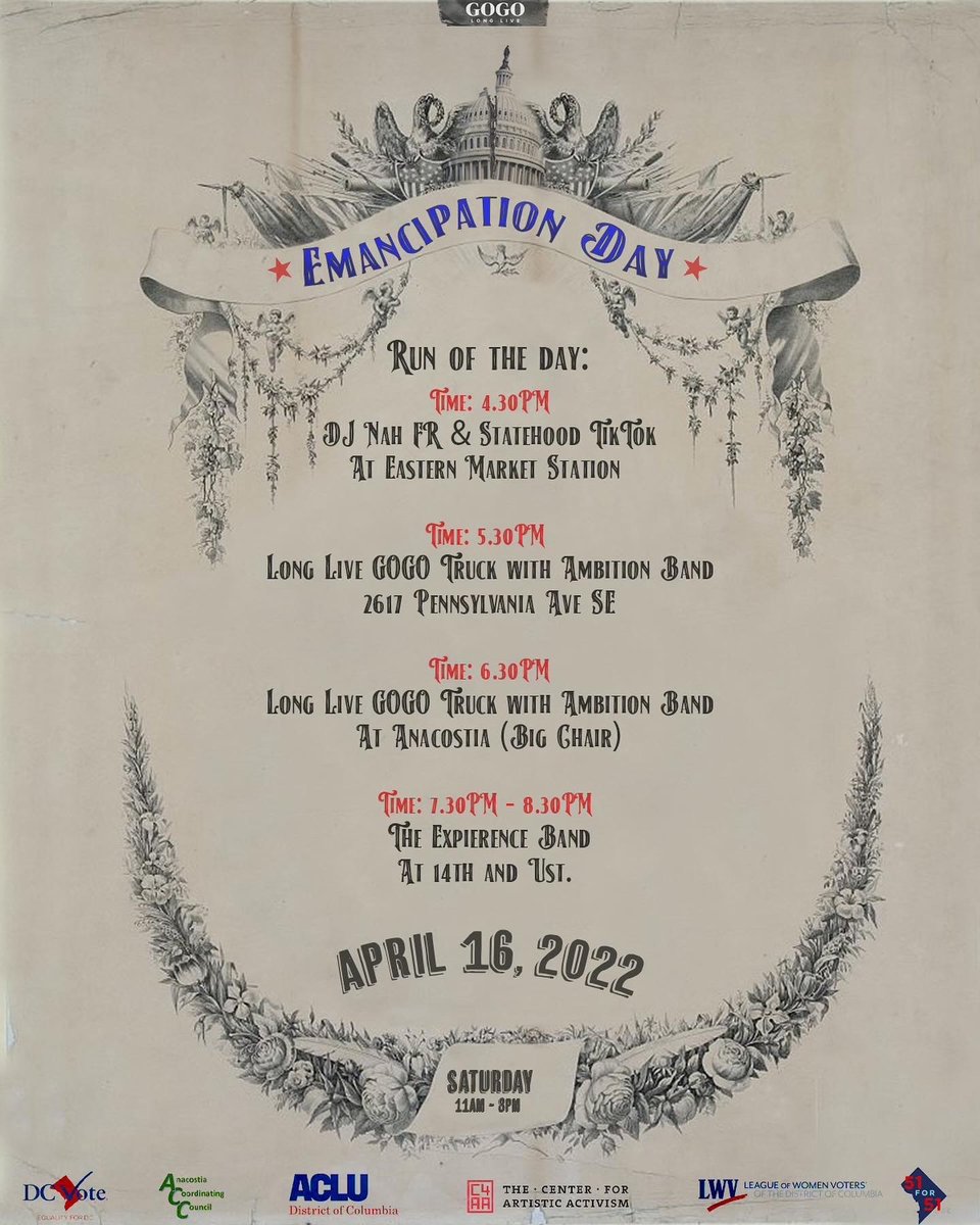 📅 MARK YOUR CALENDARS: 

Join us on Saturday, April 16 to mark D.C. Emancipation Day – the day when enslaved people in DC were freed.

Let’s honor our history by demanding the end of emancipation without representation.
