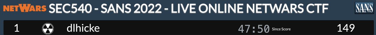 Congratulations to the <a href="/SANSInstitute/">SANS Institute</a> #SEC540 NetWars winner from live online SANS 2022. Hats off to Dana(<a href="/dlhicke/">Dana Hickey</a>)! <a href="/SANSCloudSec/">SANS Cloud Security</a>